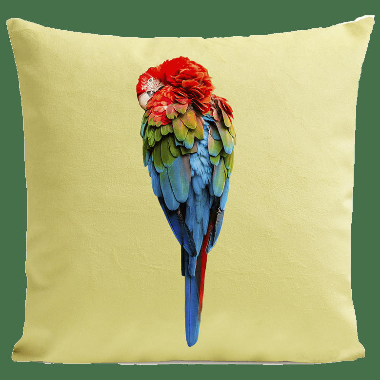 - Coussin tropical perroquet suédine jaune 40x40cm
