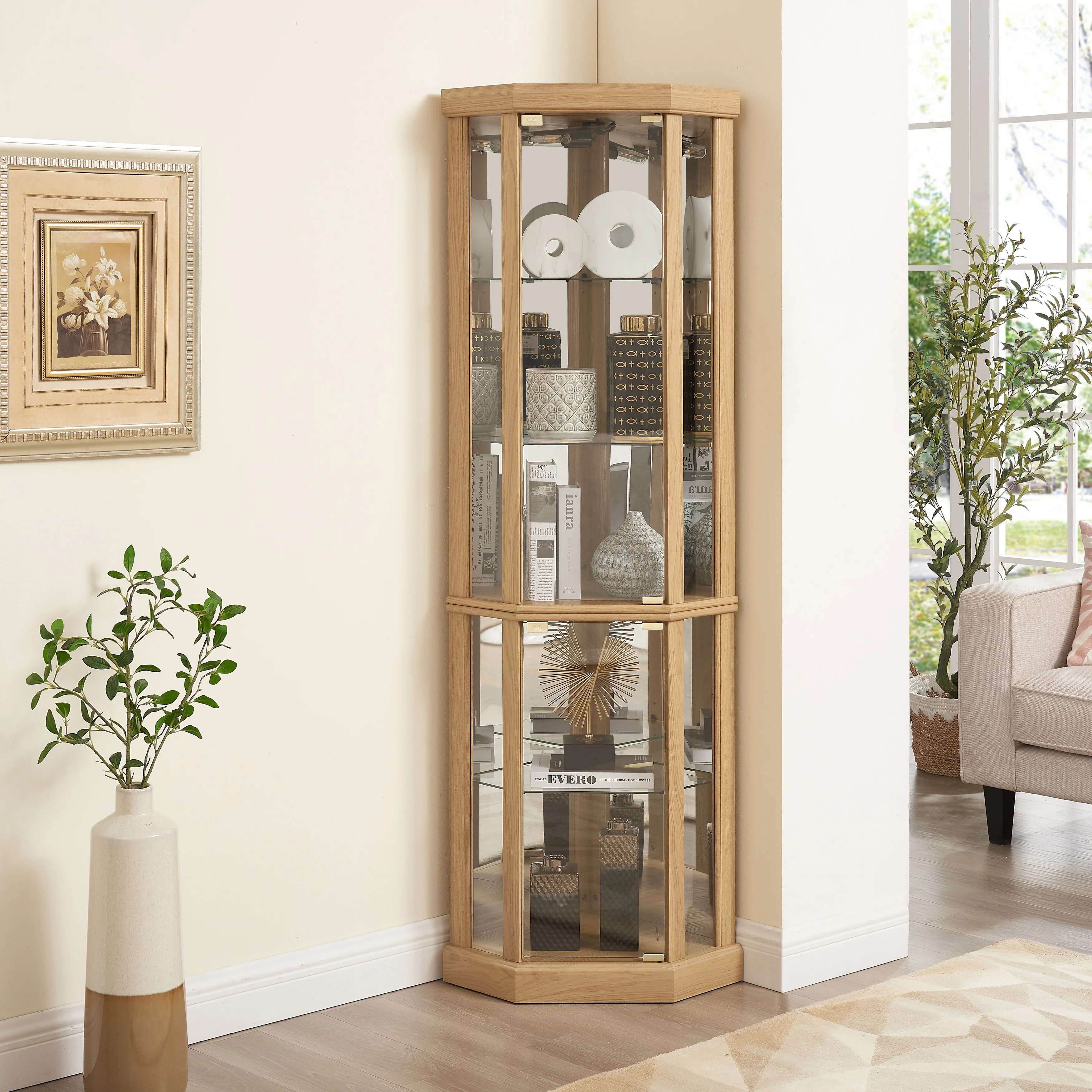 Lighted Corner Curio Cabinet - Elegant Glass Display Case for Living Room & Bar Storage - Perfect for Antique Collections & Wine