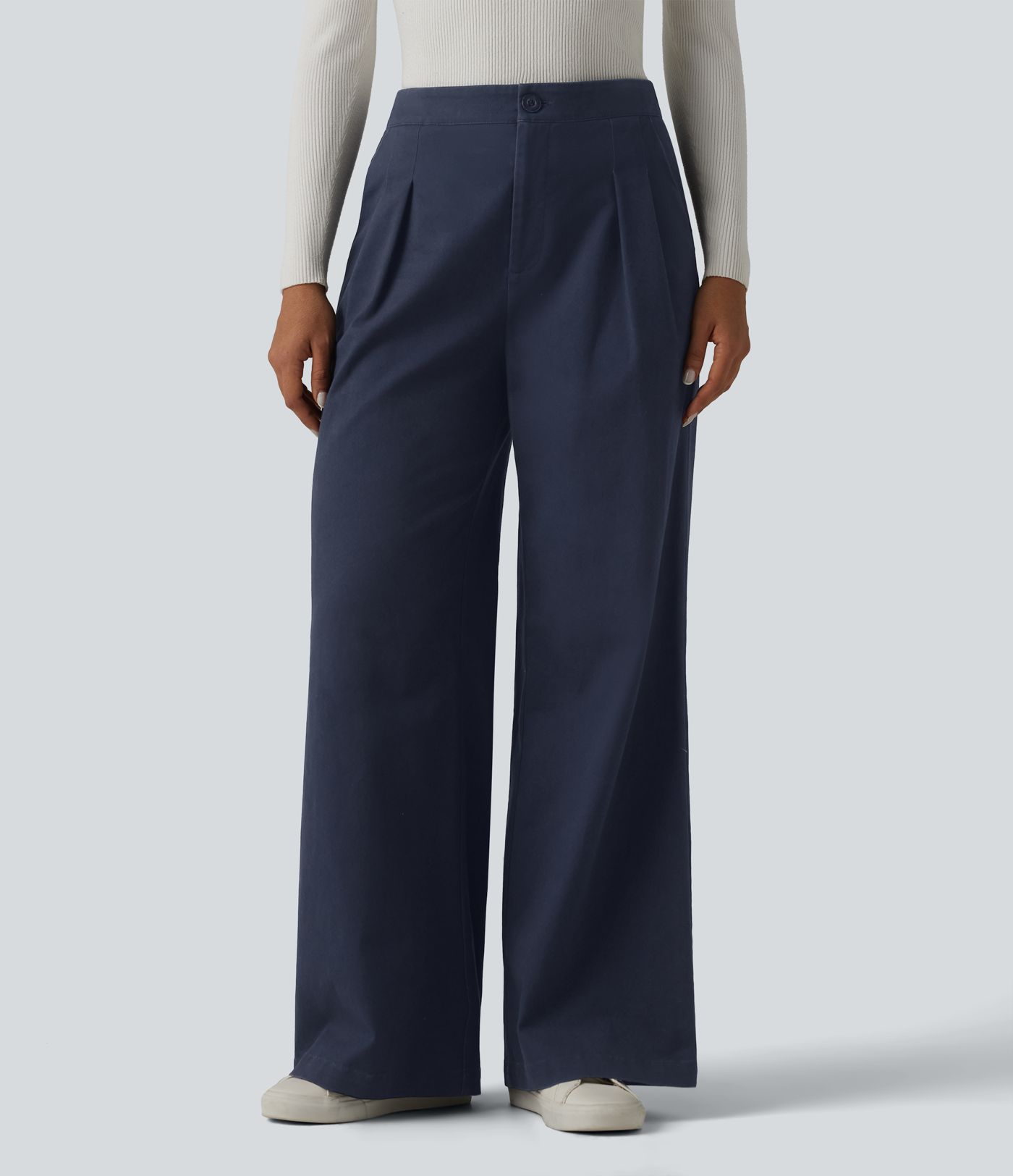 Pantalon tailleur chino large en coton taille haute avec poches