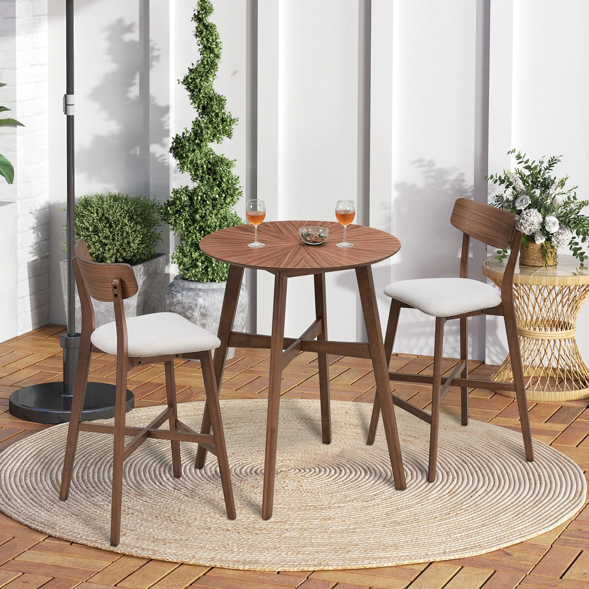 Modern 3-Piece Dining Set with Round Wood Table and 2 Solid Wood Upholstered Bar Stools for Dining Room Bar and Living Room