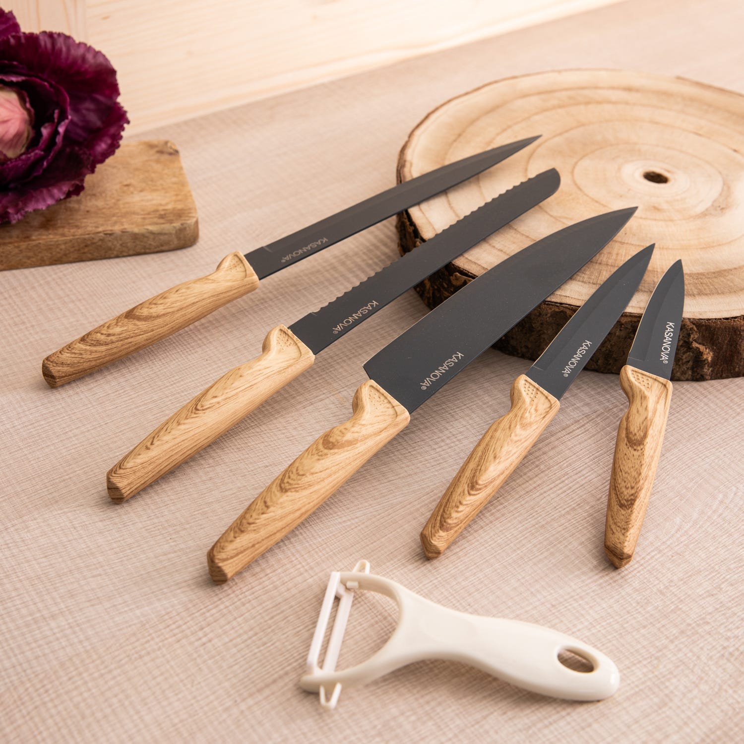 Set 5 coltelli e pelaverdure con manico effetto legno