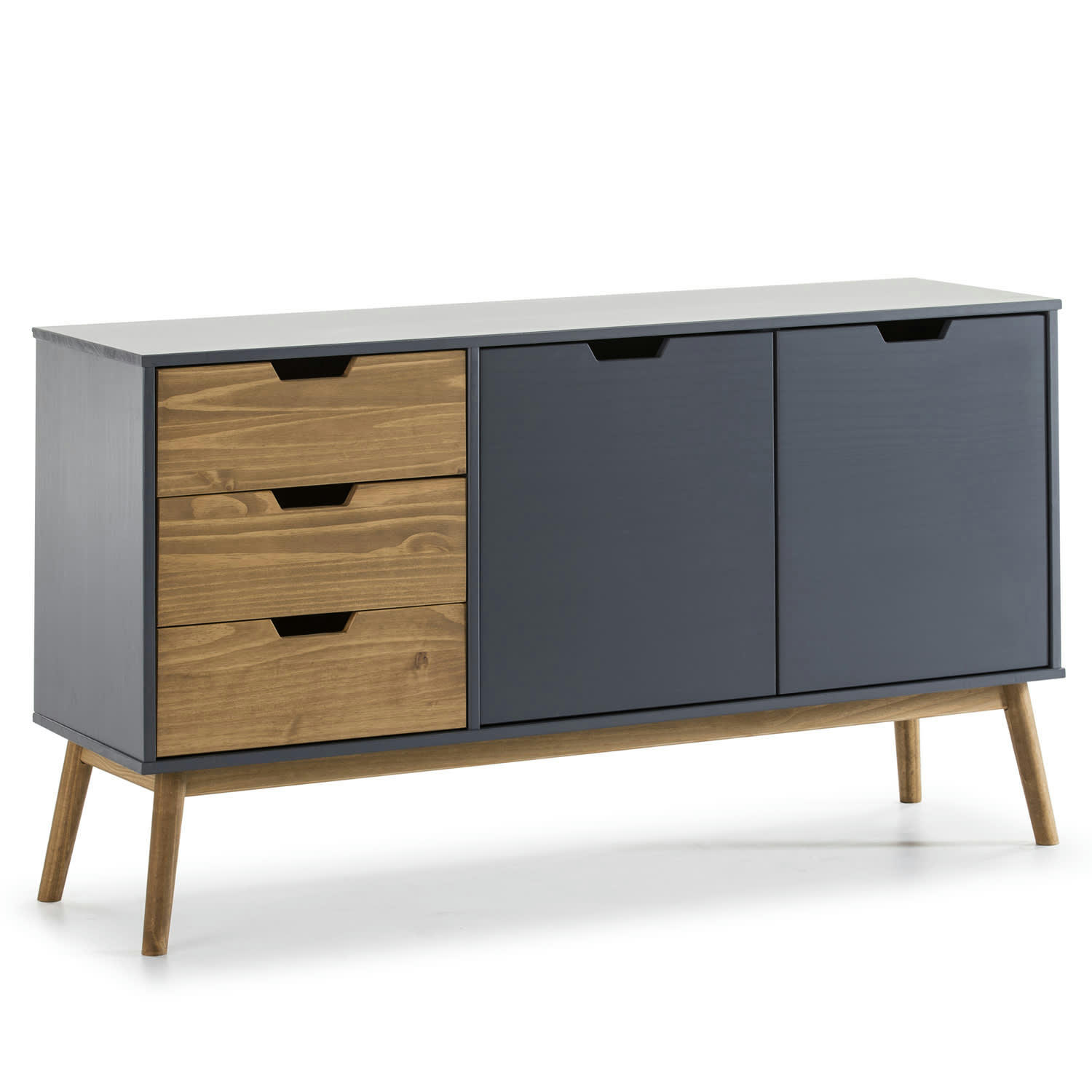 JAVA - Buffet commode 3 tiroir y 2 porte anthracite, longueur 140 cm