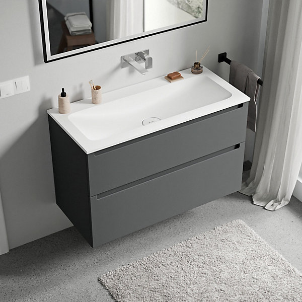 Meuble vasque suspendu MDF Anthracite mat, lavabo fonte Blanc mat sans trou robinet, tiroirs pivotants - 80x46x62cm - VIREO
