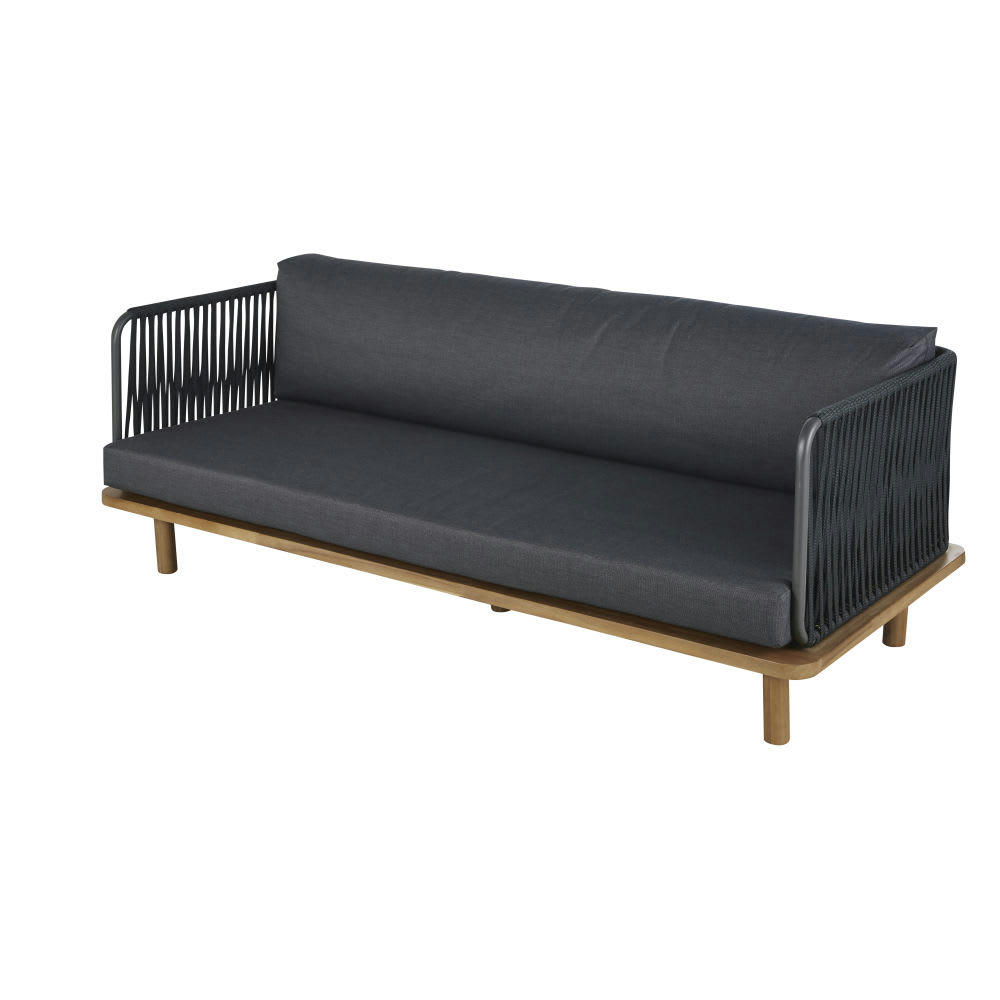 Amalfi - Canapé de jardin 2/3 places en corde tressée gris anthracite et bois d'acacia massif