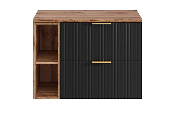Meuble sous vasque suspendu strié avec niches - Noir et naturel clair - L80 cm - ZEVARA