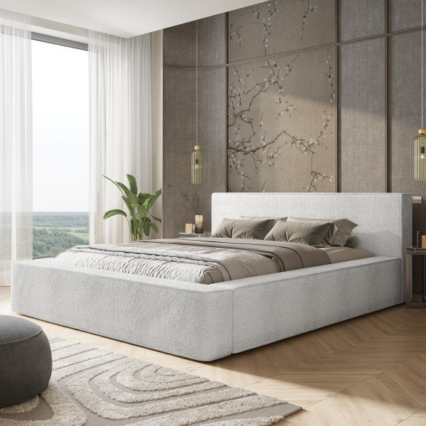 Eleganckie łóżko boucle do sypialni MAROK BIAŁE