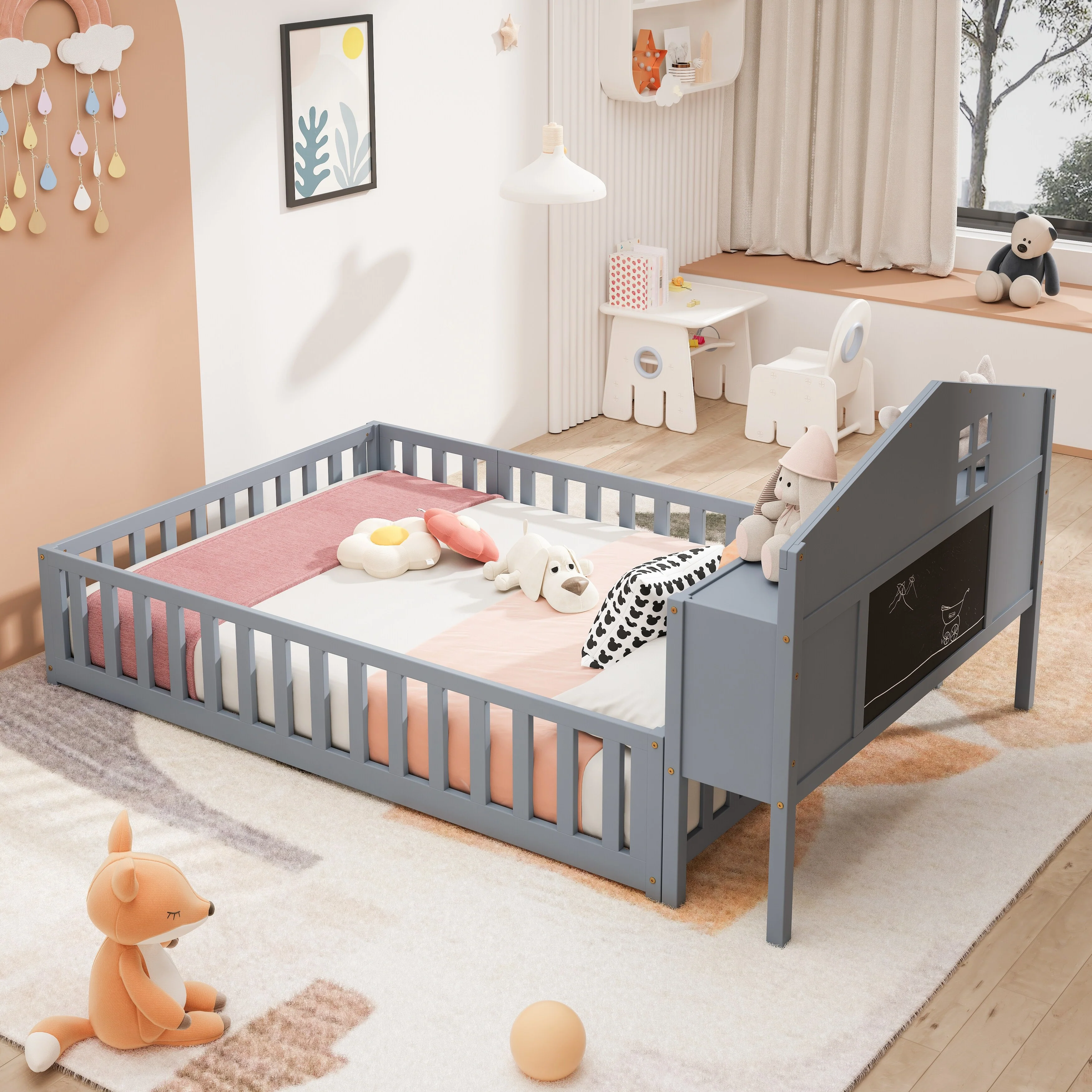 Grey Full Size Plywood Montessori Floor Bed with Bookcases and Guardrails