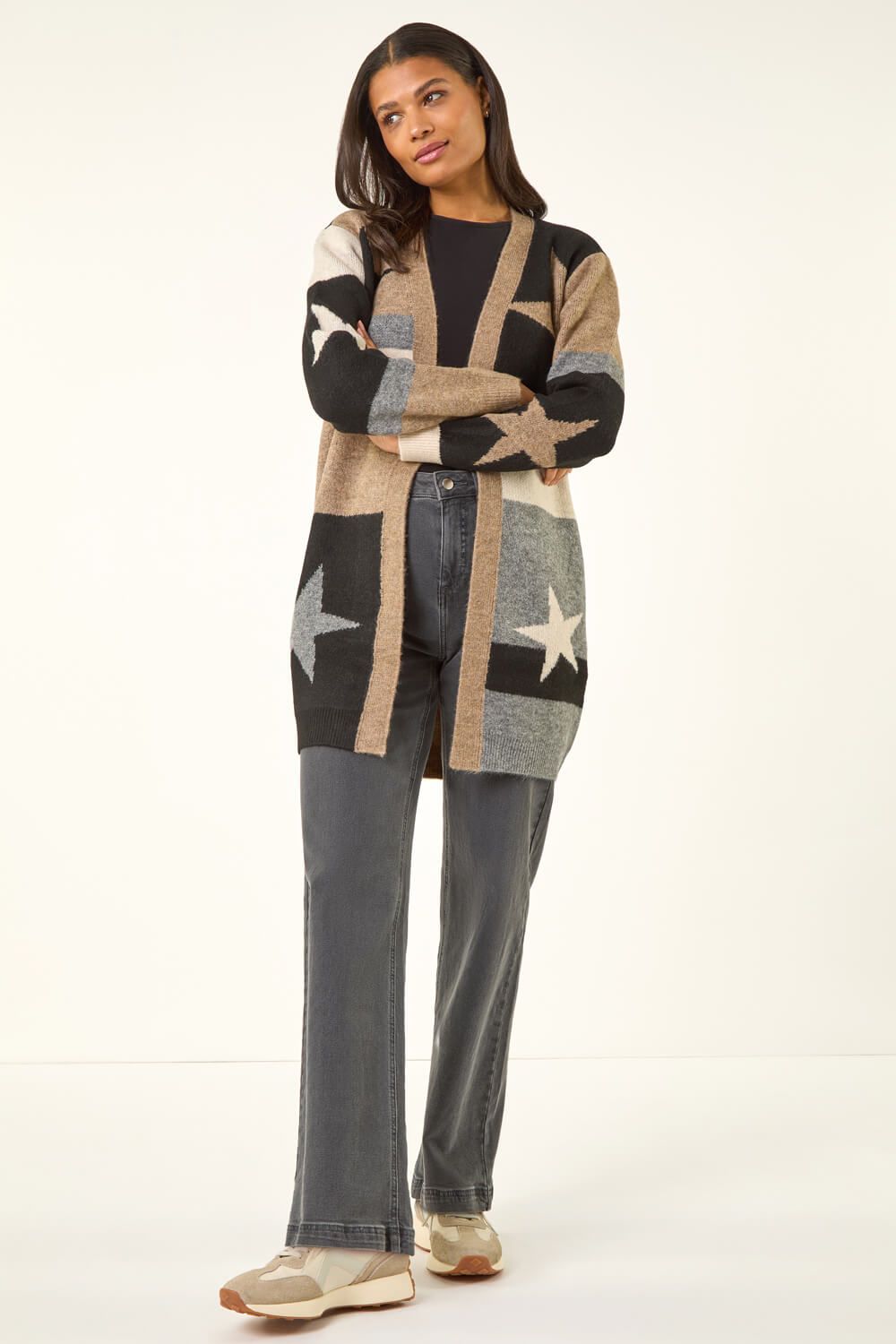 Roman Star Print Longline Stretch Cardigan