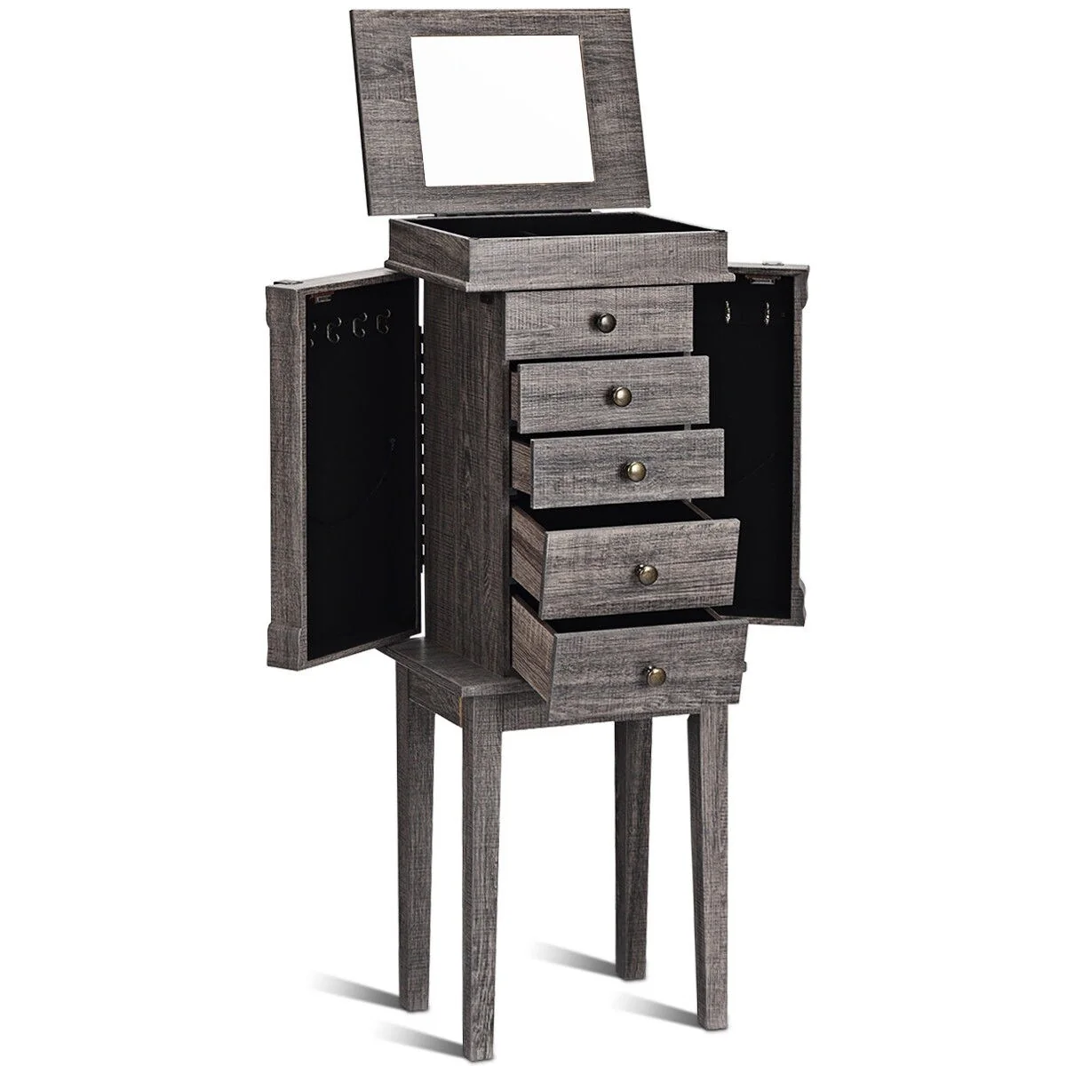 Grey Jewelry Organizer Cabinet with Dressing Mirror 5 Drawers Side Doors and Secure Necklace Hooks