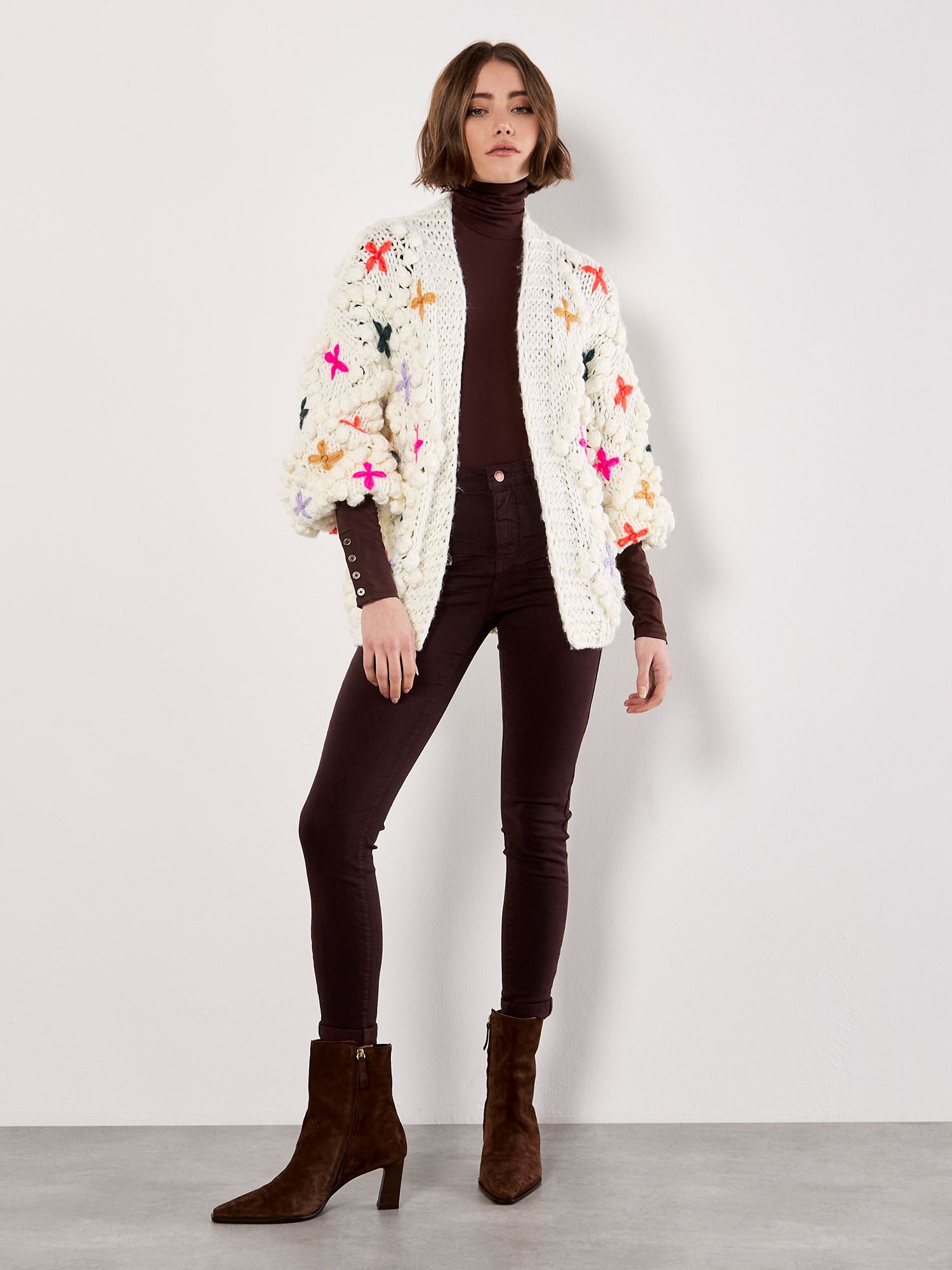 Apricot Chunky Knit 3D Flower Cardigan