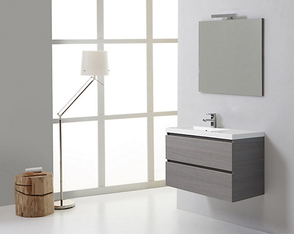 Meuble De Salle De Bain Suspendu 90Cm 2 Tiroirs, Lavabo À Gauche, Miroir 90X70 - Manhattan