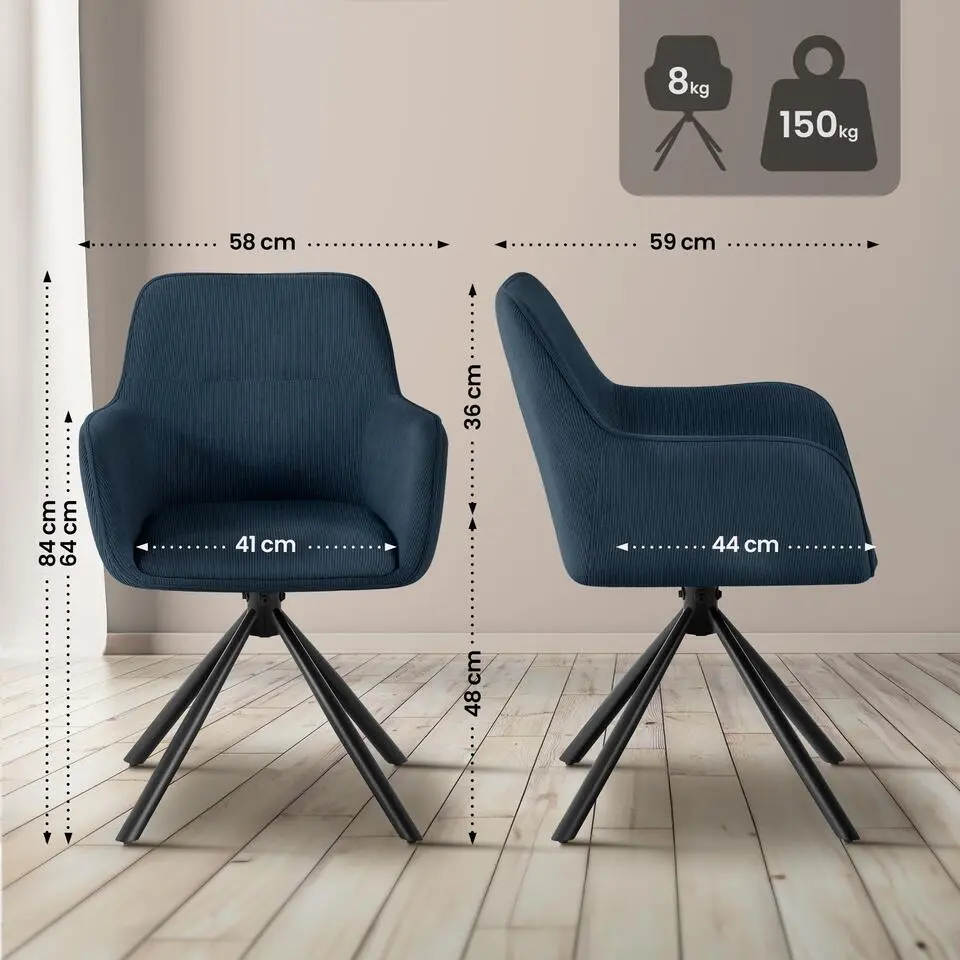 CLP Eetkamerstoel Tipton zwart Frame - Ribstof - blauw