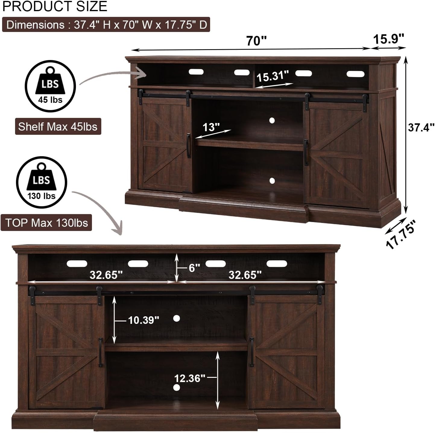 Farmhouse TV Stand for 80 Inch TVs, 37.4Tall Entertainment Center w/Storage Cabinets and Sliding Barn Door, Media Console Cabinet w/Soundbar & Adjustable Shelves for Living Room, 70 inch (Brown)
