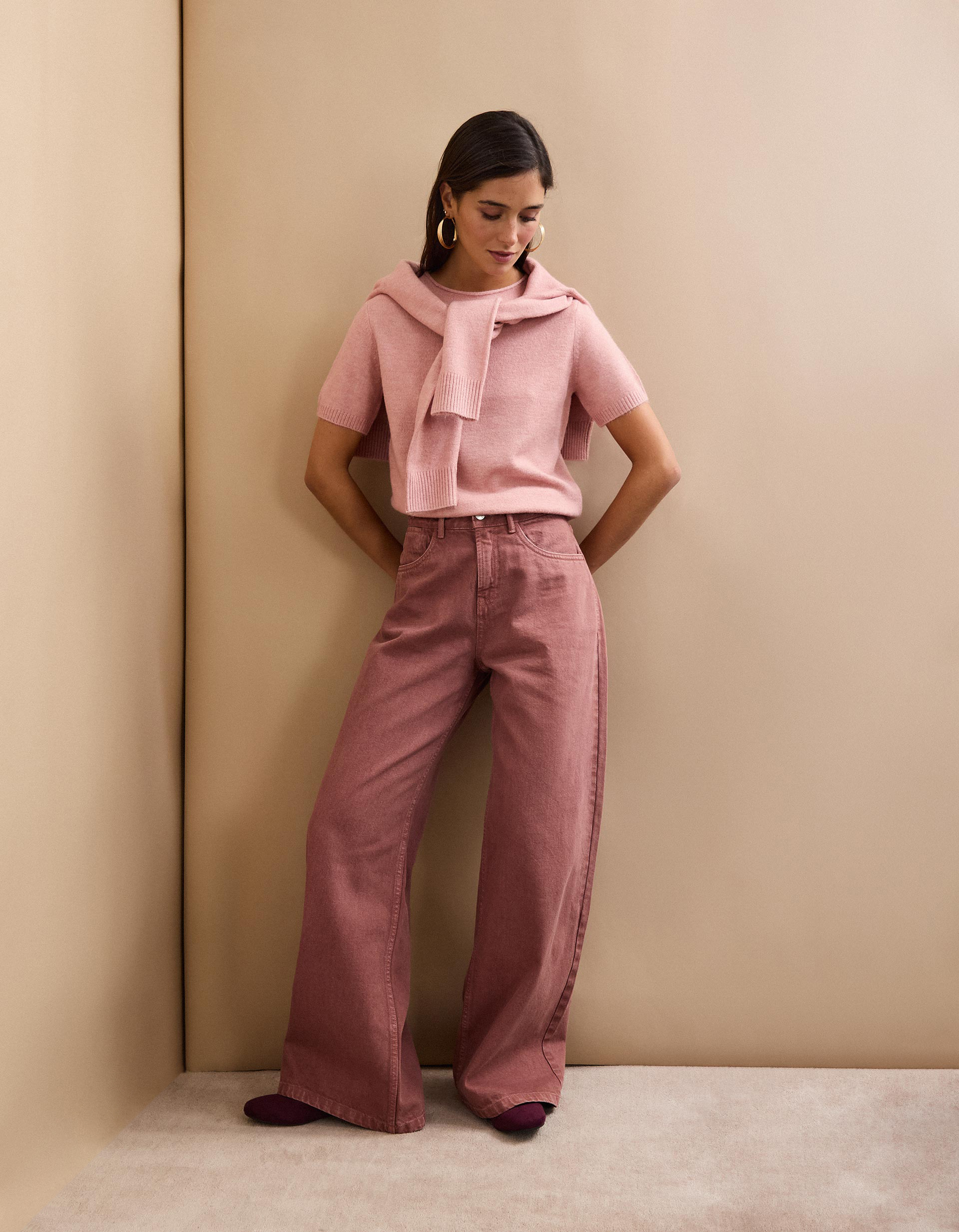 Calças de Ganga 'Wide Leg', Mulher, Rosa