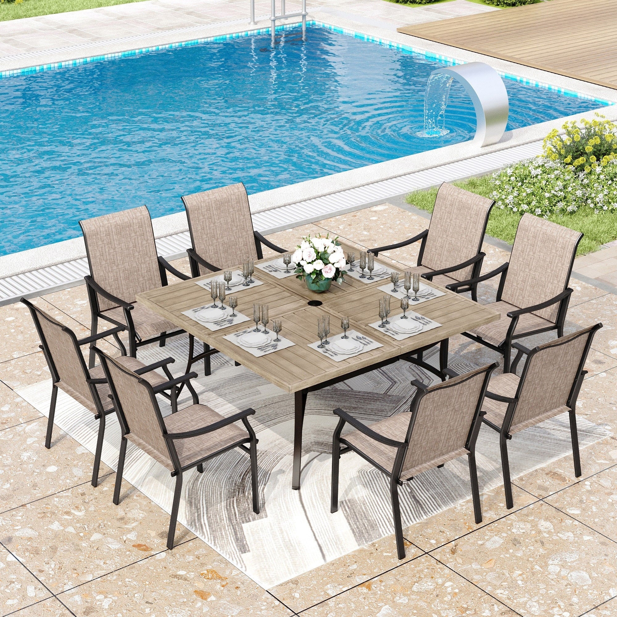 MAISON ARTS 9-Piece Patio Dining Set, 60 Inch Square Metal Table and 8 Textilene Fabric Padded Armchairs