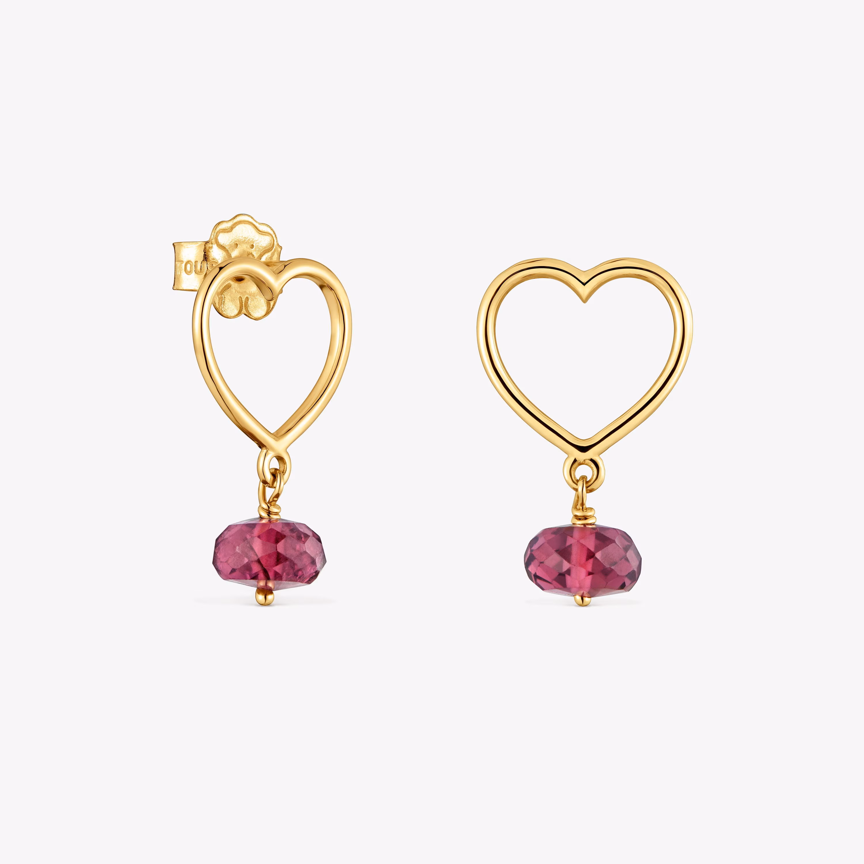 Pendientes corazón de oro 9 kt y rodolita Silueta