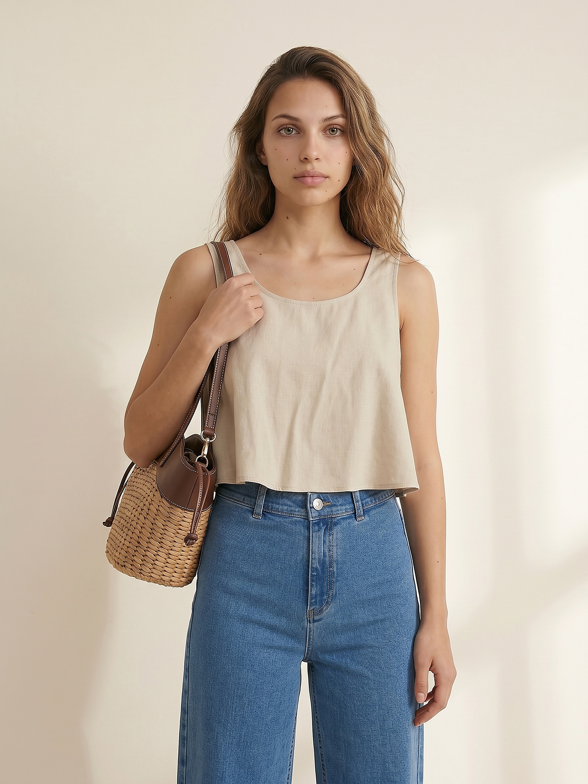 Crop top z ozdobnym wiazaniem z domieszką lnu