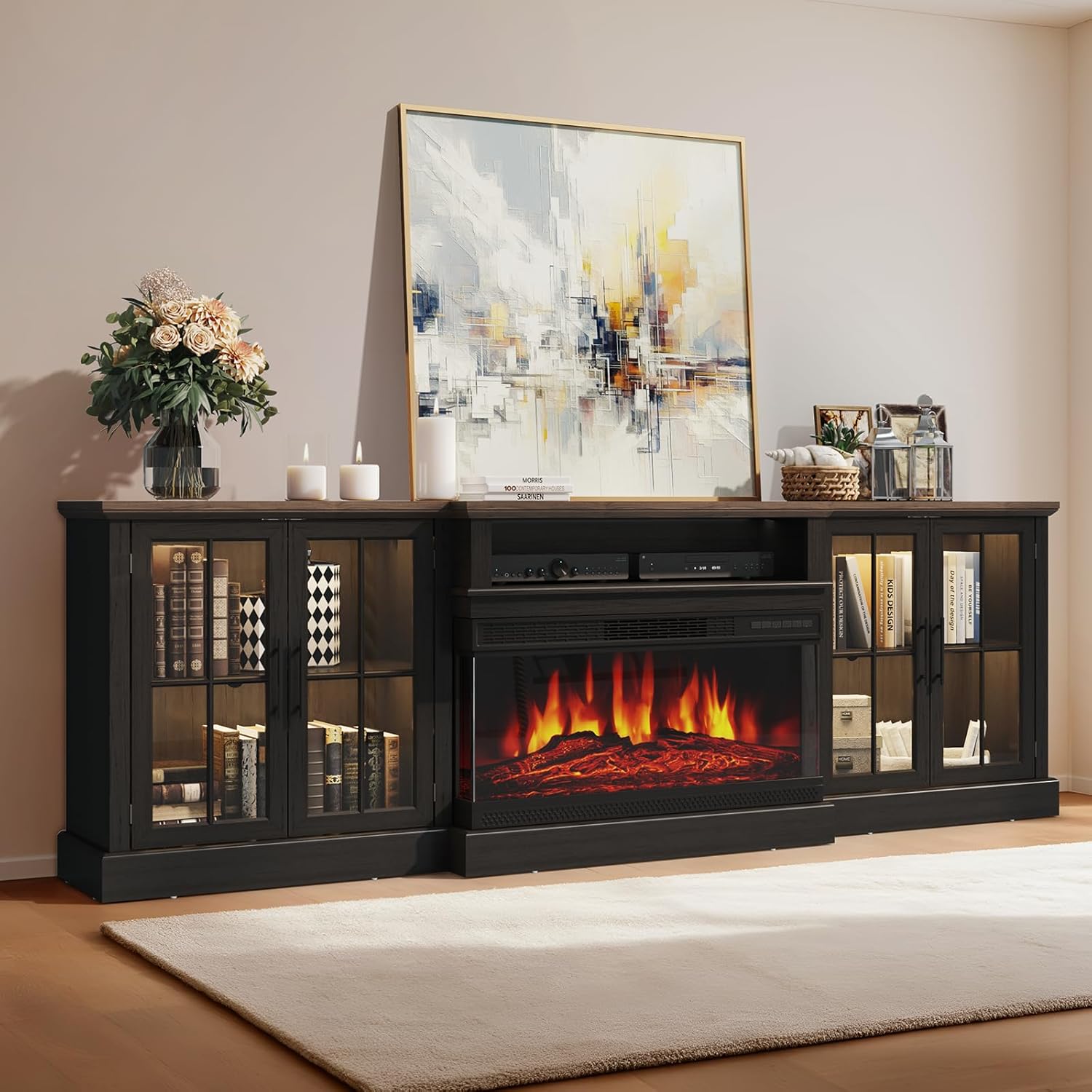 98 Farmhouse TV Stand with 36 Fireplace for Living Room,Media Entertainment Center with Adjustable Shelves and Large Storage Cabinets, TVs up to 100, Black