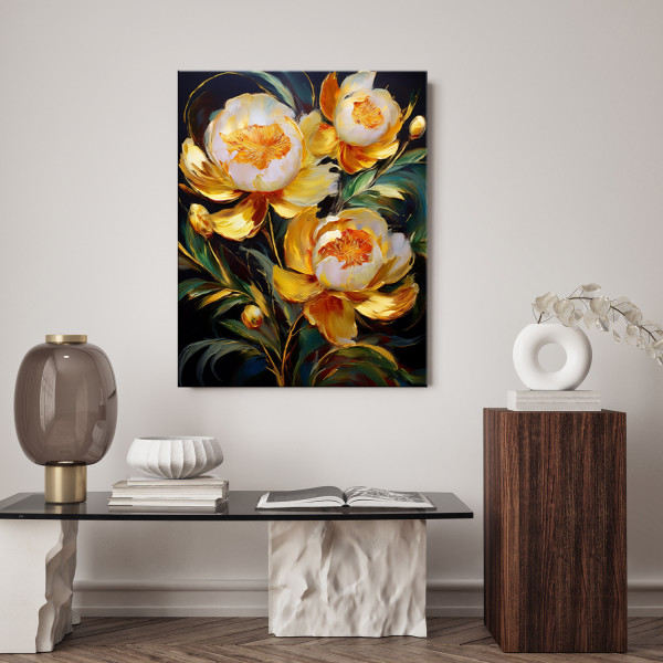 Feeby Obraz na płótnie, Piwonie Kwiaty malowane złoty żółty 40x60