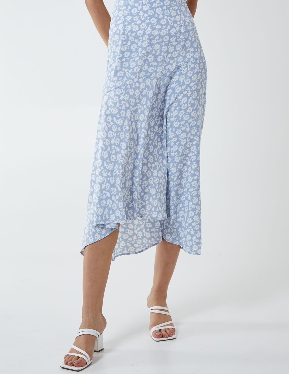 Blue Vanilla Floral Print Asymmetric Midi Skirt