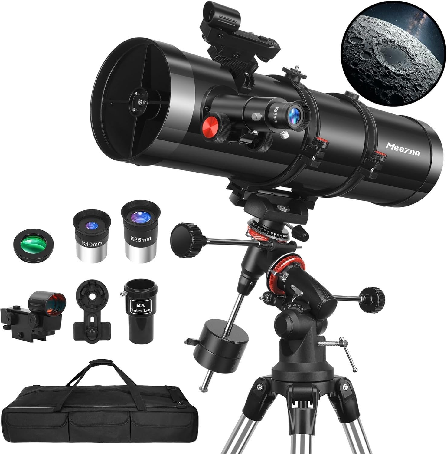 Telescope  150EQ Newtonian Reflector Telescope for Adults Astronomy Beginners  Professional Astronomical Telescopes with Equatorial Mount  Phone Adapter  Tripod  Moon Filter and Large Carry Bag