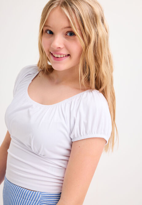 Older Girls White Gathered Puff Sleeve Top