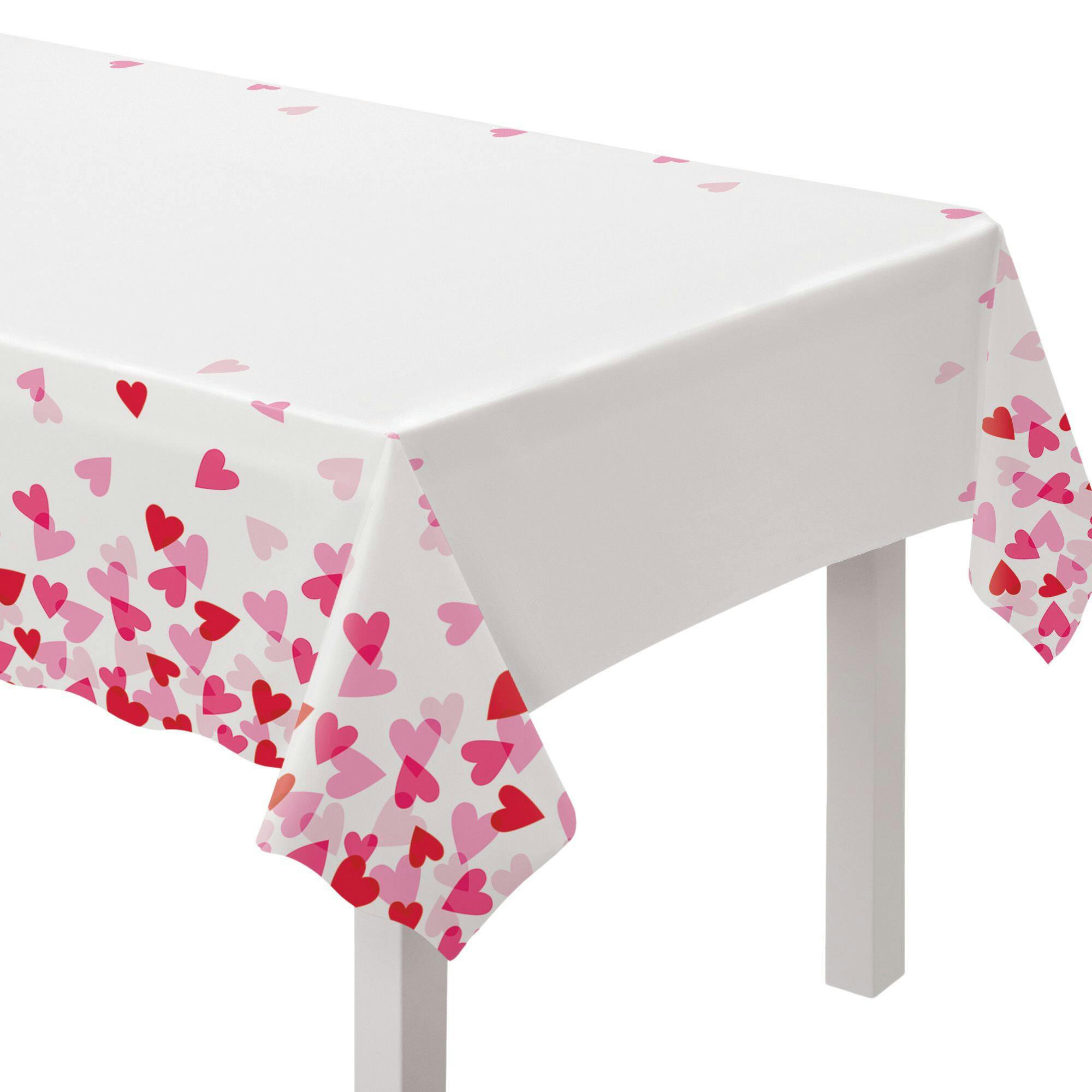 Rectangle Plastic Reusable Table Cover, White/Pink/Red, Heart, 54x84-in, for Valentine's Day/Anniversary/Wedding