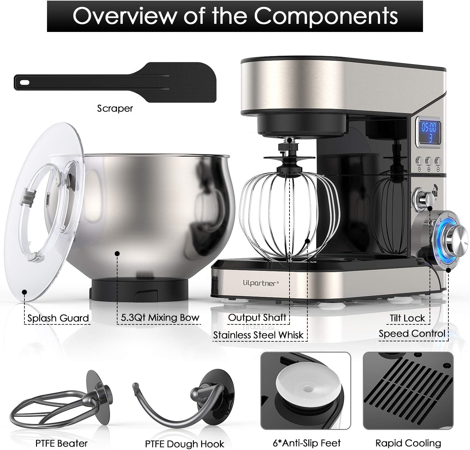 Stand Mixer, Stainless Steel Mixer 5.3-QT LCD Display Food Mixer, 6+P Speed itchen Electric Mixer Tilt-Head Mixer with Stainless Steel Bowl, Dough Hook, Beater, Whisk