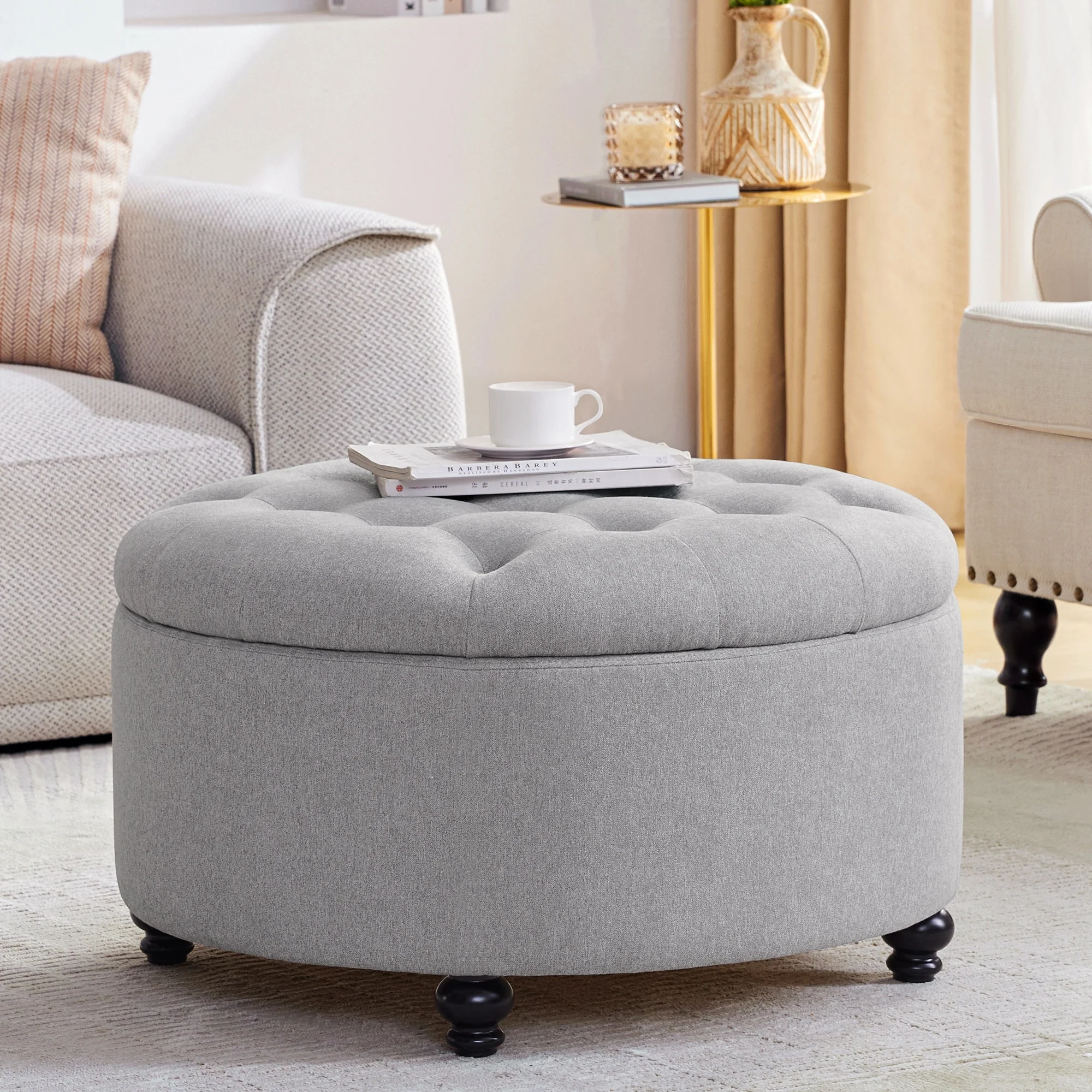 Tufted Large Round Storage Ottoman Footrest Beige/ Grey/ Blue