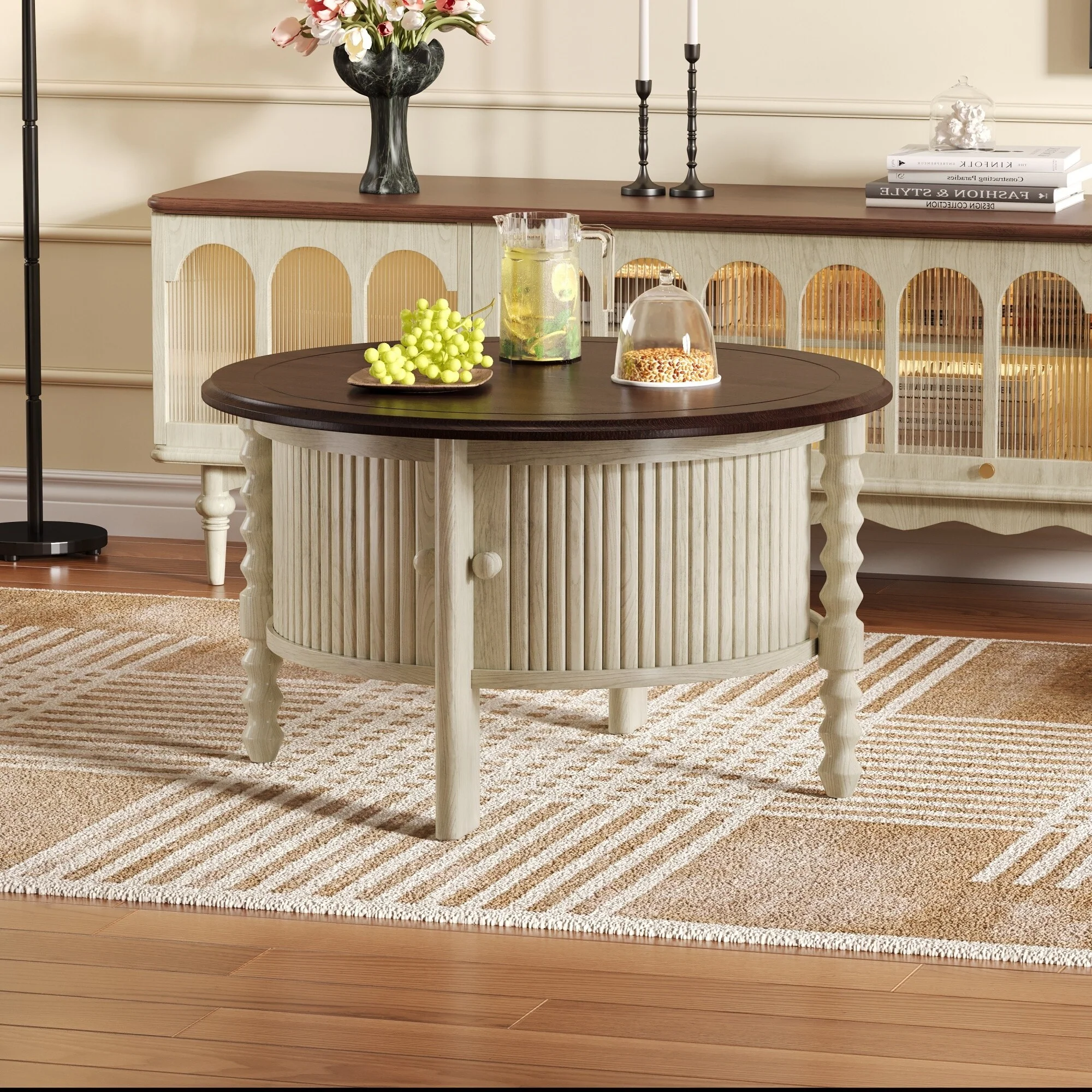 30.3'' Vintage Round Coffee Table With Storage, Mid-Century Modern Cocktail Table Featuring Sliding Door And Slatted Design.