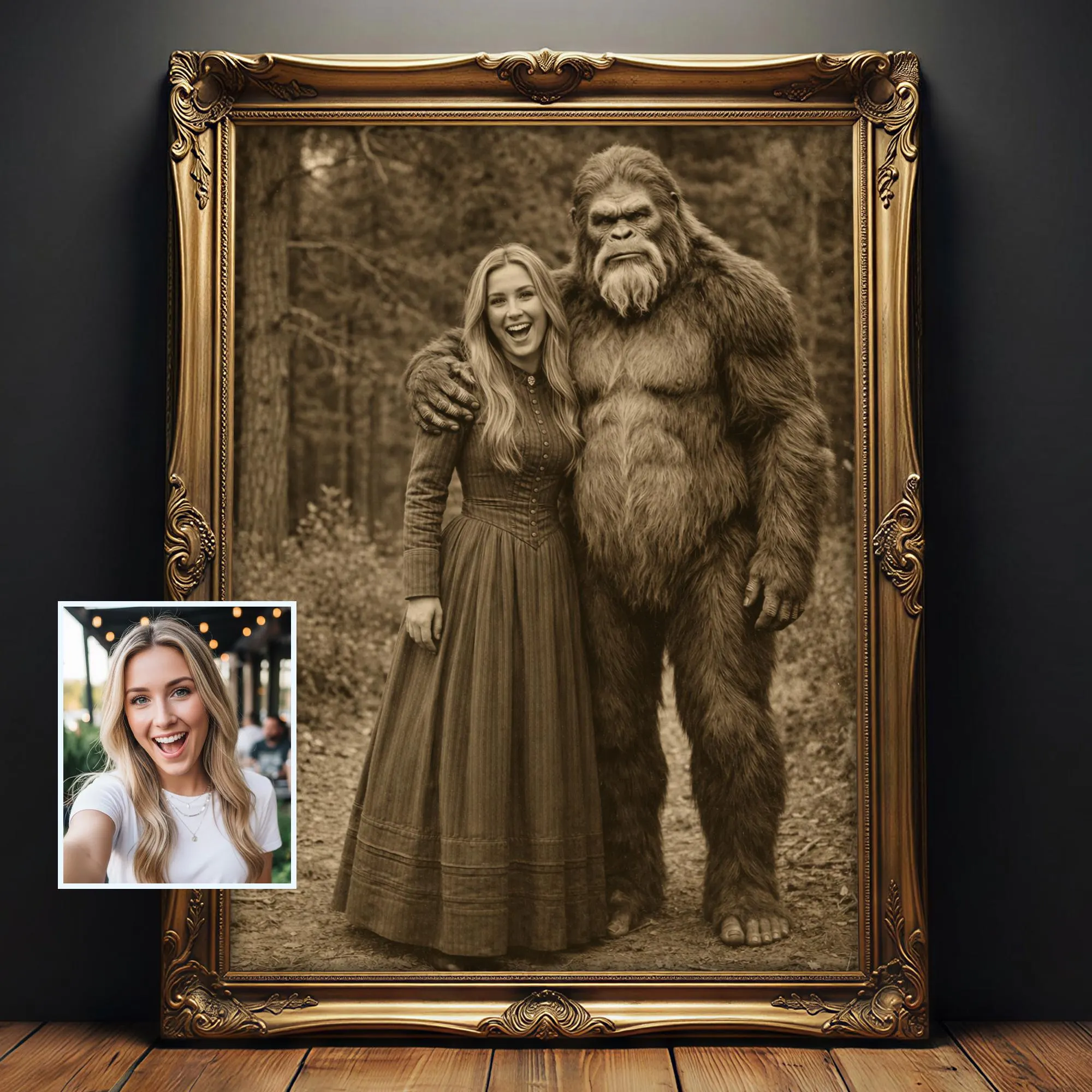 Sasquatch Wall Art, Custom Bigfoot Portrait, Personalized 19th Century Bigfoot Decor, Vintage Photograph Cryptid Poster, Bigfoot Lover Gift