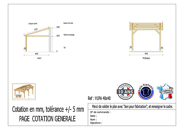 Carport adossé une pente 400cmx500cm, bois DOUGLAS Français (Charpente en bois-auvent-abri voiture) 20 m². Garantie 10 ans