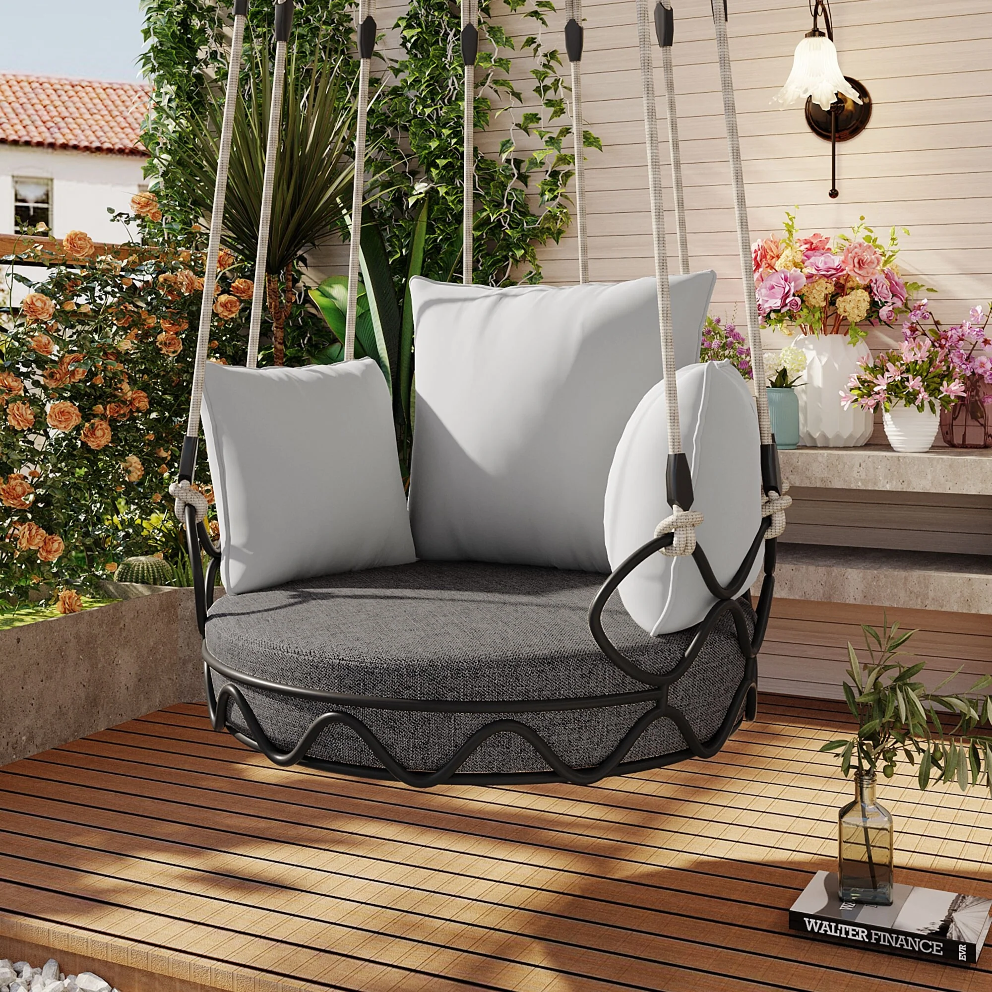 Iron Hanging Basket Chair with Cushion