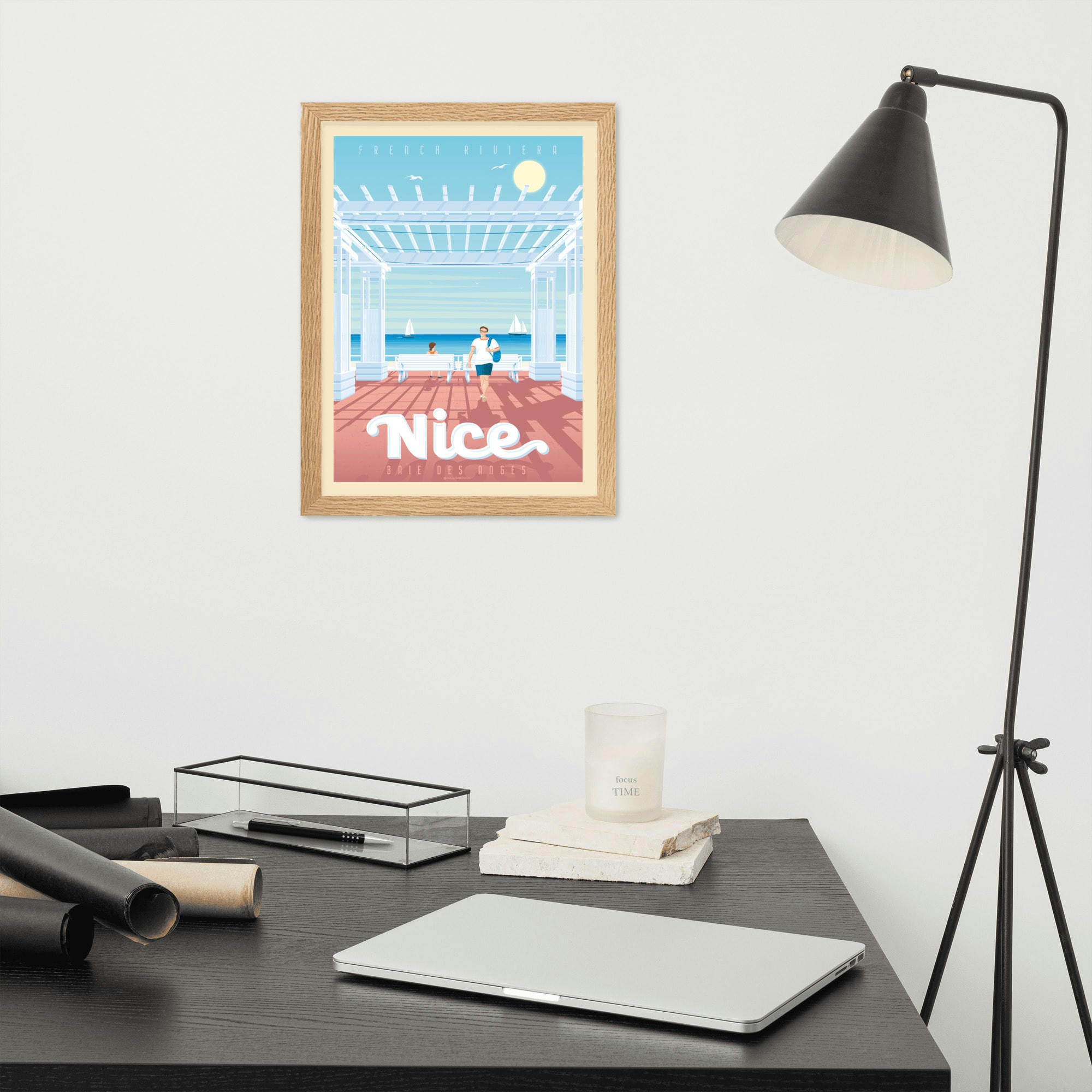 - Affiche Nice France - Baie des Anges avec Cadre (Bois) 21x29,7 cm