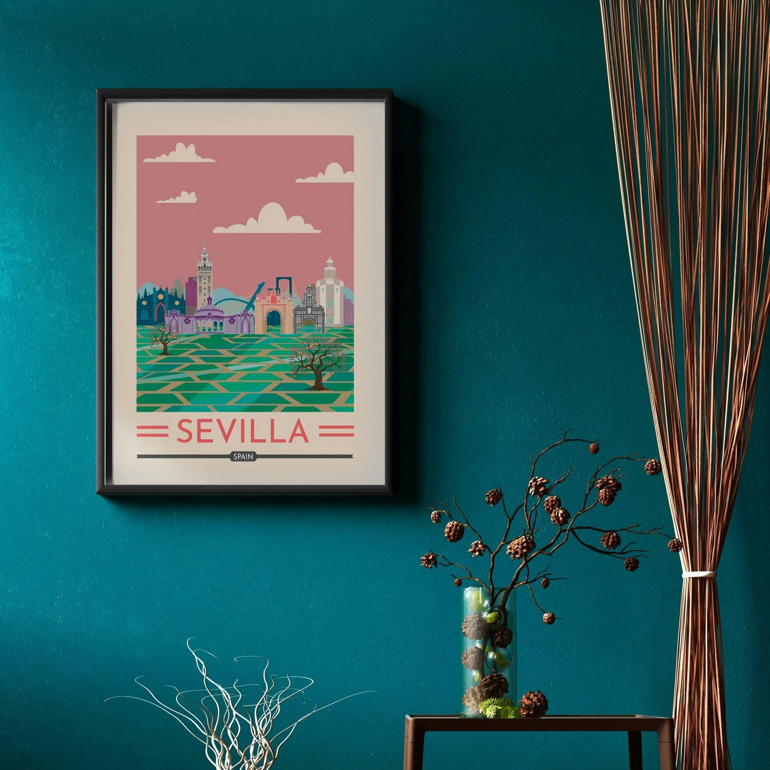 CIUDADES - Affiche avec cadre noir - Séville - 50x70