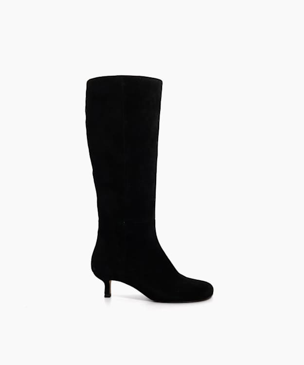 Searing Black - Suede Kitten Heel Knee High Boots