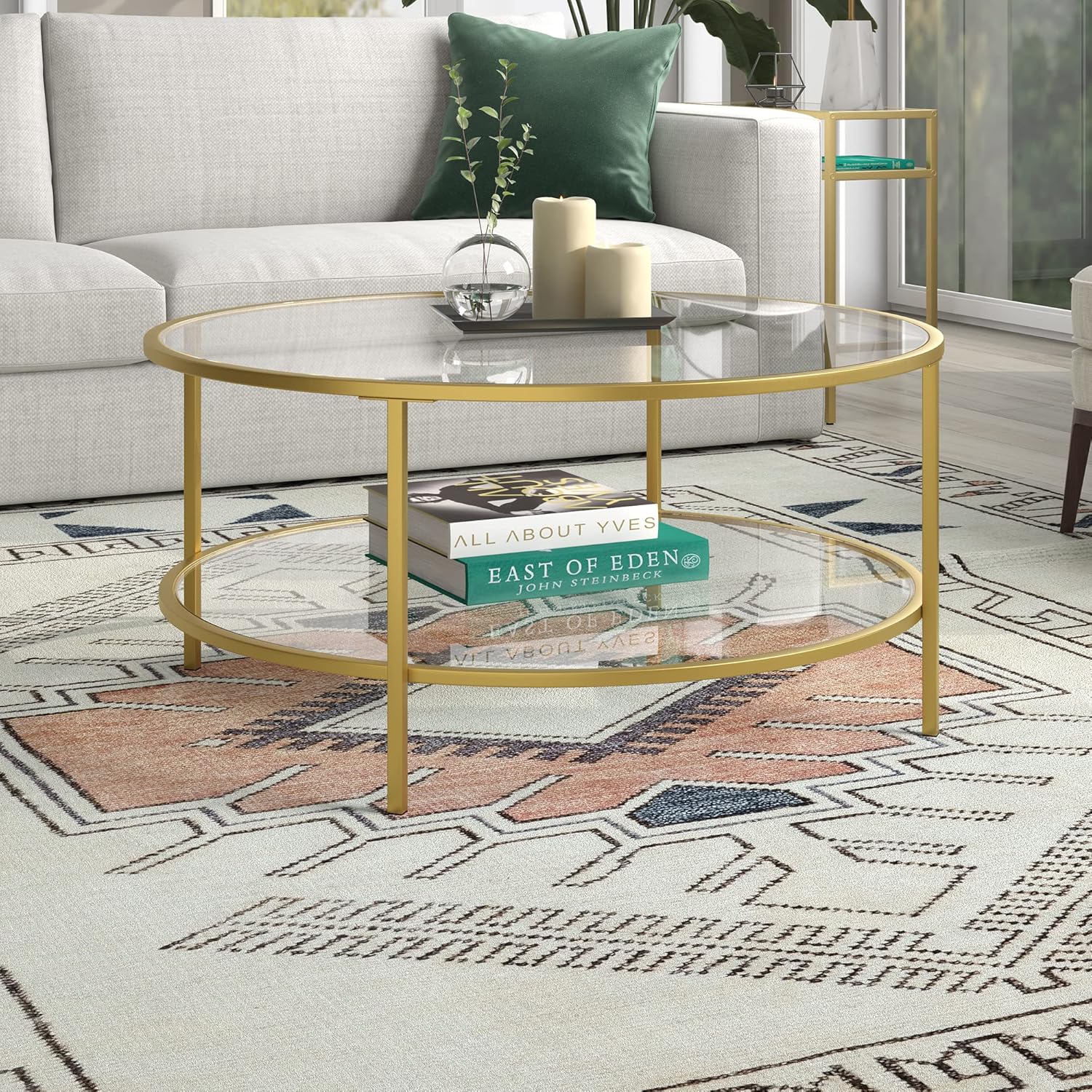Henn&Hart 36 Wide Round Coffee Table with Glass Top in Brass, Round Coffee Table for living room, studio apartment essentials