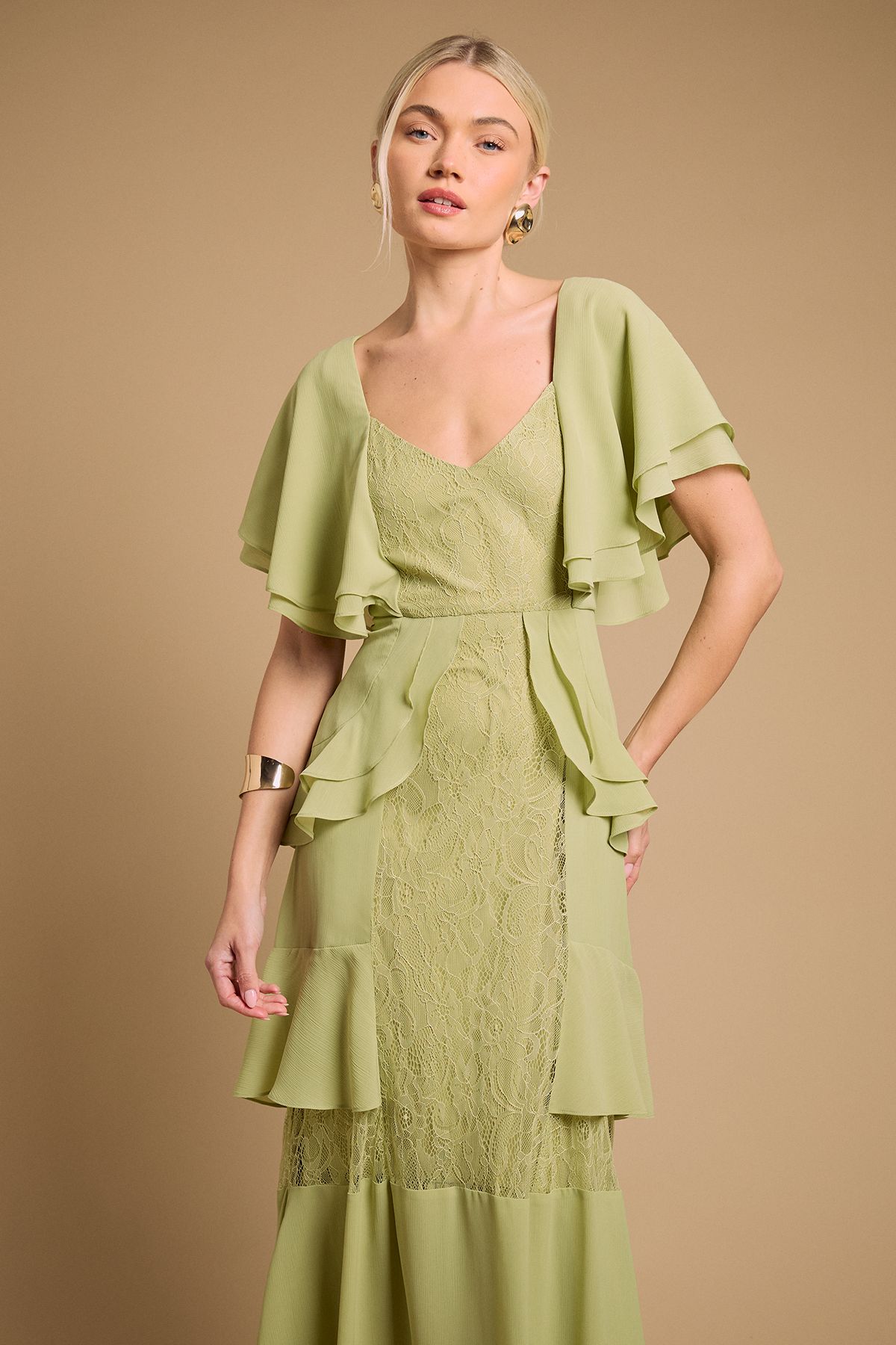 Oasis Lace Panel Ruffle Maxi Dress