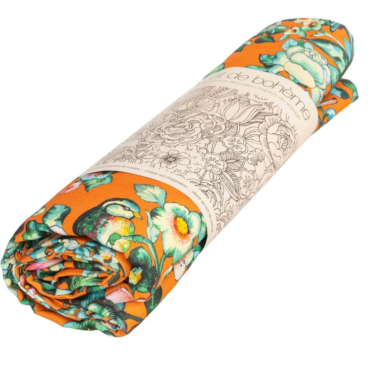 NILA - Nappe grand format en coton imprimé fleuri orange 140x235