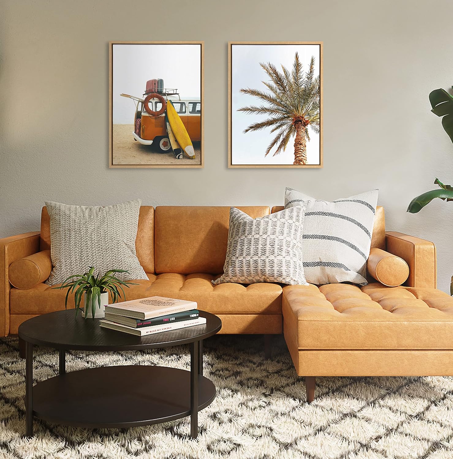 Kate and Laurel Sylvie Surfboard Beach Van and One Palm Tree in Paradise Framed Canvas Wall Art Set by The Creative Bunch Studio, 2 Piece Set 18x24 Natural, Tropical Surfing Wall Décor