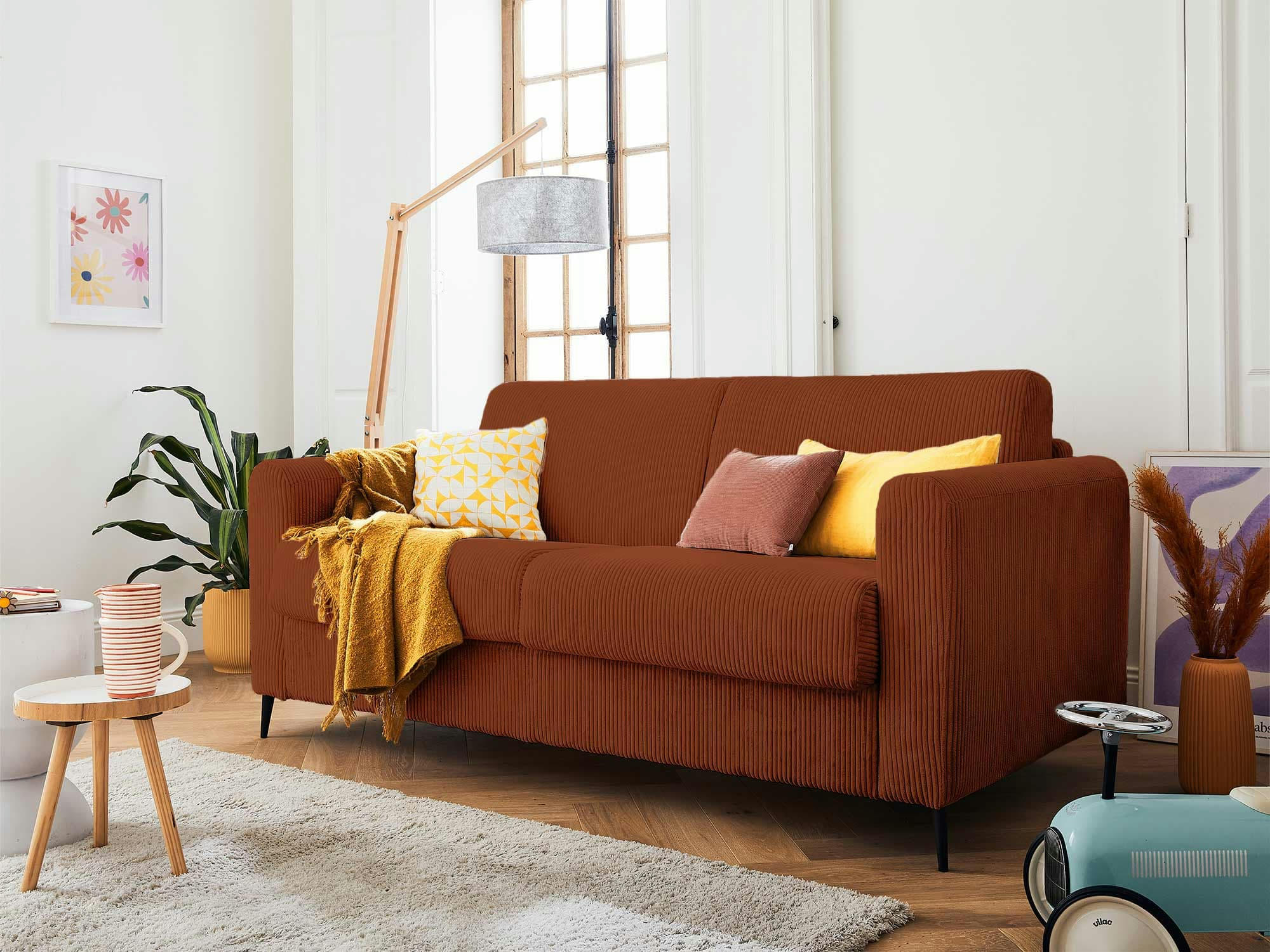 OWEN - Canapé droit convertible 3 places en velours côtelé terracotta