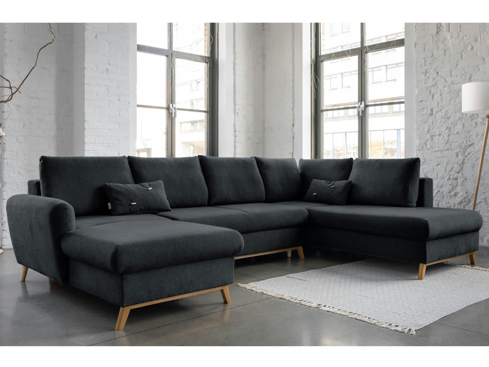 LAGOM - Canapé panoramique 7 places angle droit en tissu gris foncé