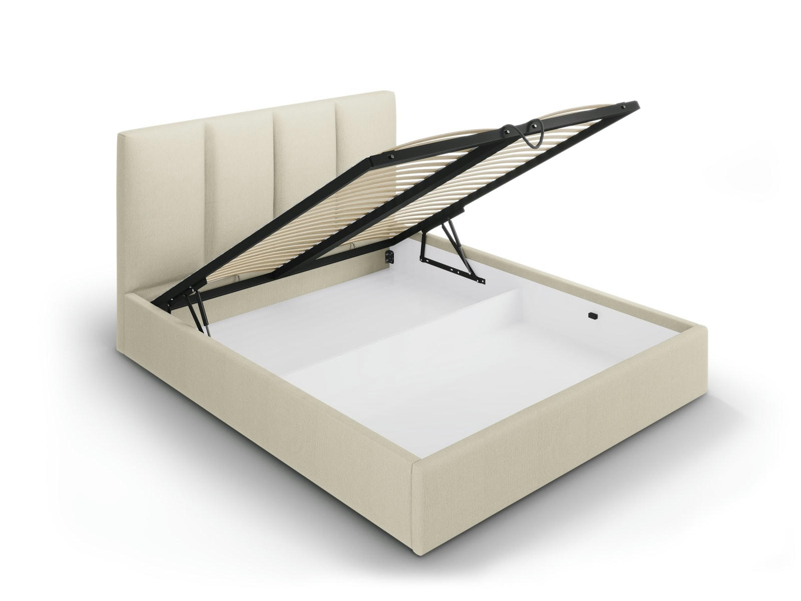 PYLA - Lit coffre avec tête de lit 180x200 cm en tissu structuré beige