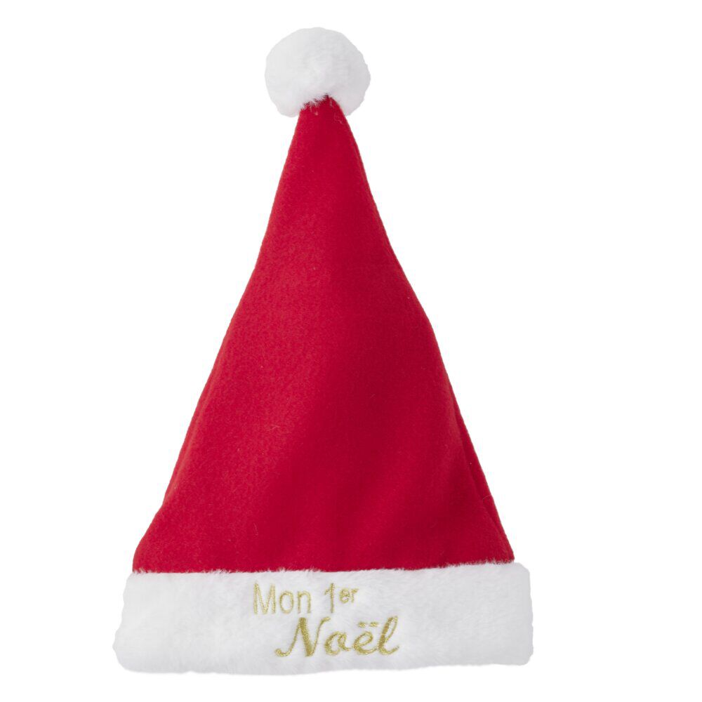 Bonnet de No&euml;l mon 1er No&euml;l feutrine rouge et blanc 24x34cm
