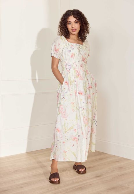 Womens Cream Floral Puff Sleeve Midi Dress