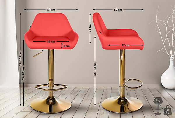 Ensemble de 2 tabourets de bar Braga en simili cuir, structure dorée, réglable en hauteur, pivotant 360, repose-pieds Rouge