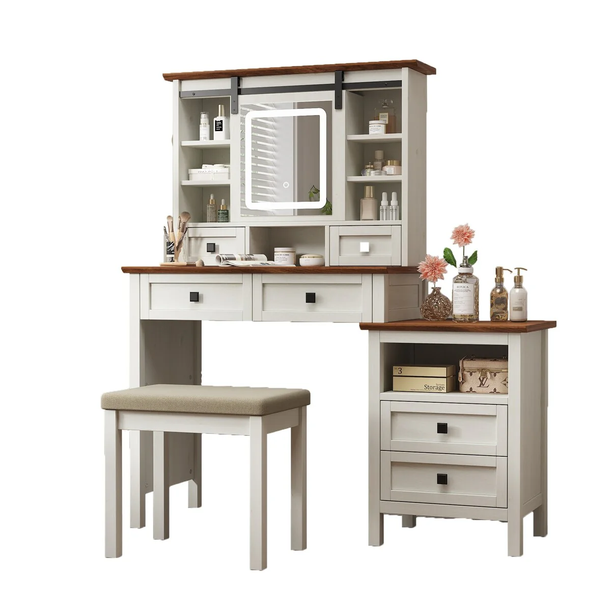 Farmhouse Makeup Vanity with LED Lighted Mirror and Charging Station