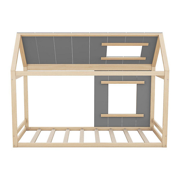 Lit Cabane Enfant 90x200cm Maison Toit Fenêtre Naturel Gris Blackcolors