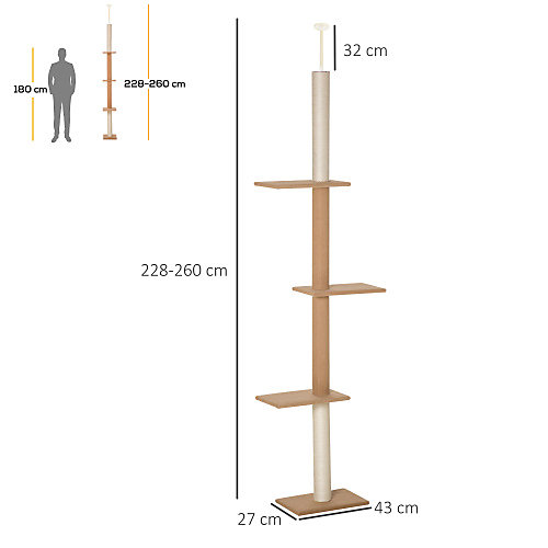 Arbre à chat PawHut 228 à 260 cm réglable en hauteur avec griffoirs jouets et plateformes couleur kaki