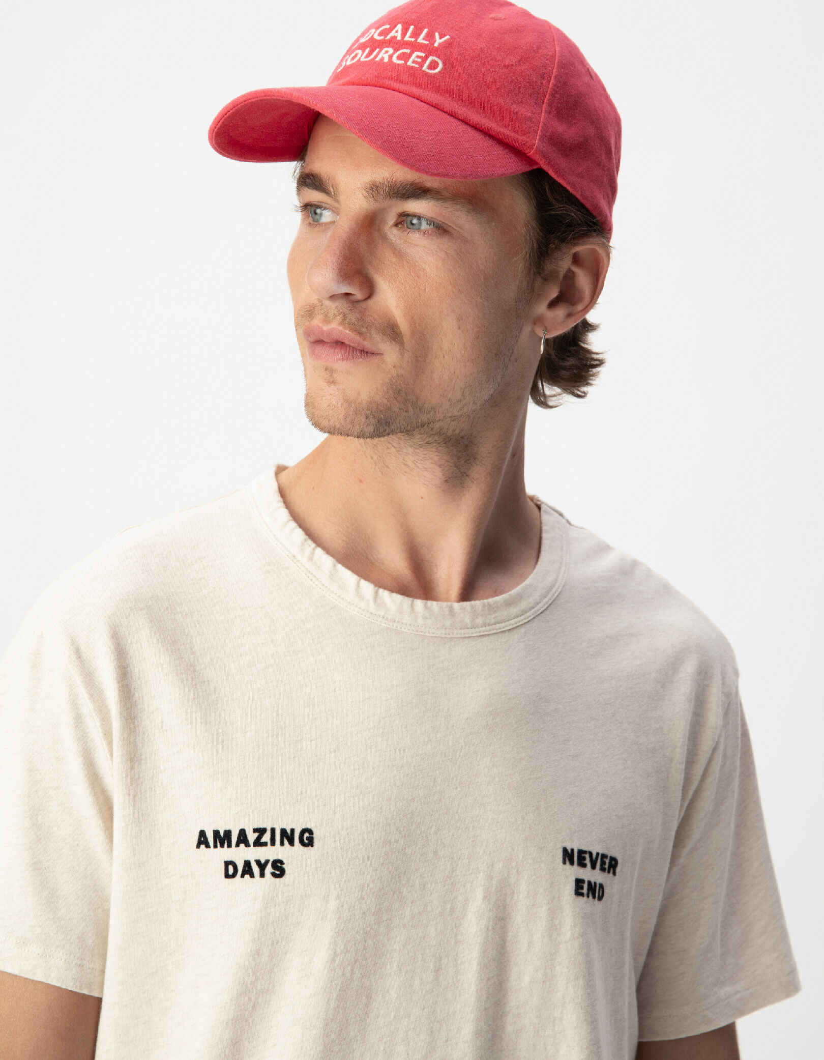 T-shirt col rond beige message poitrine Homme